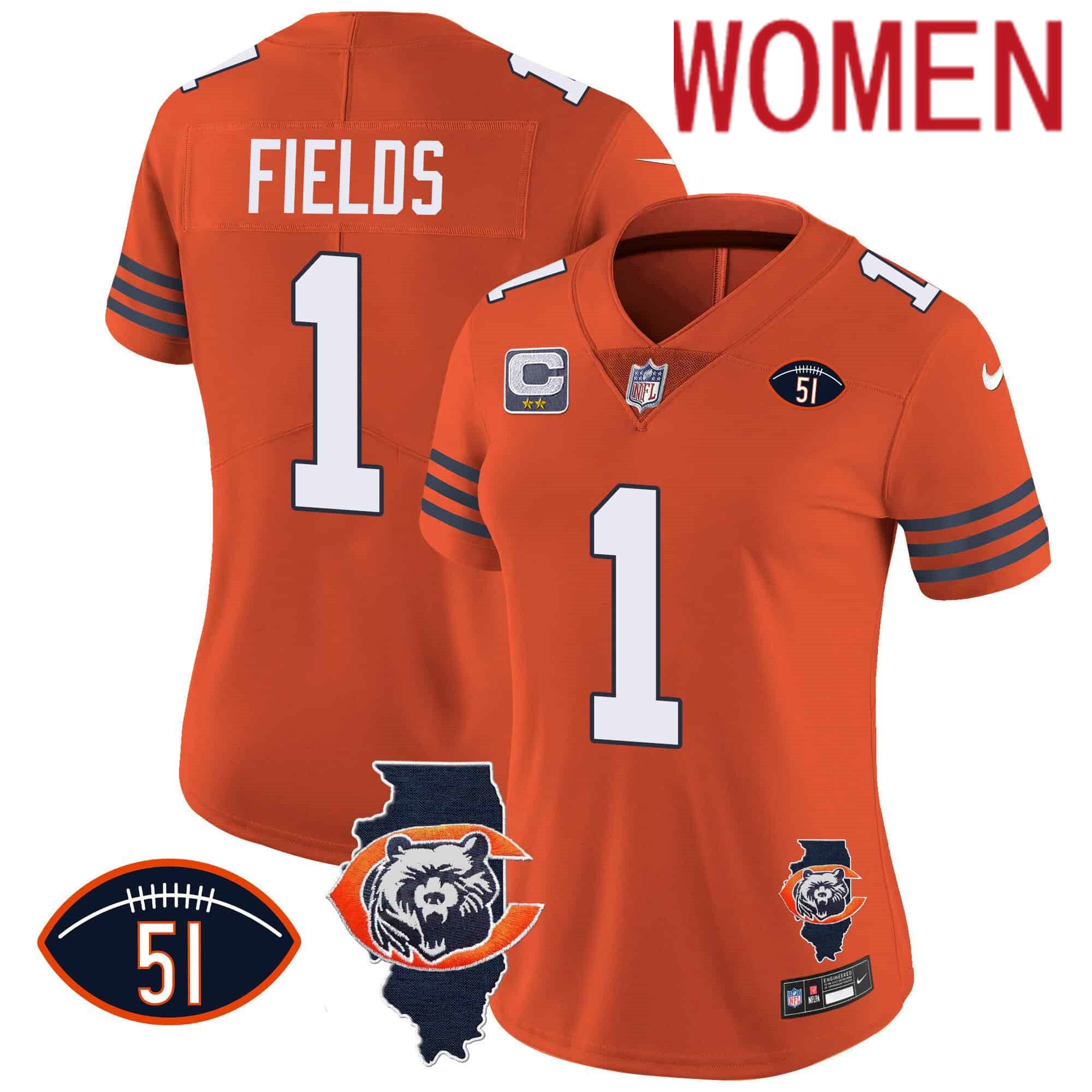 Women Chicago Bears #1 Fields Orange 2024 Nike Throwback Illinois Patch Vapor NFL Jersey->women nfl jersey->Women Jersey
